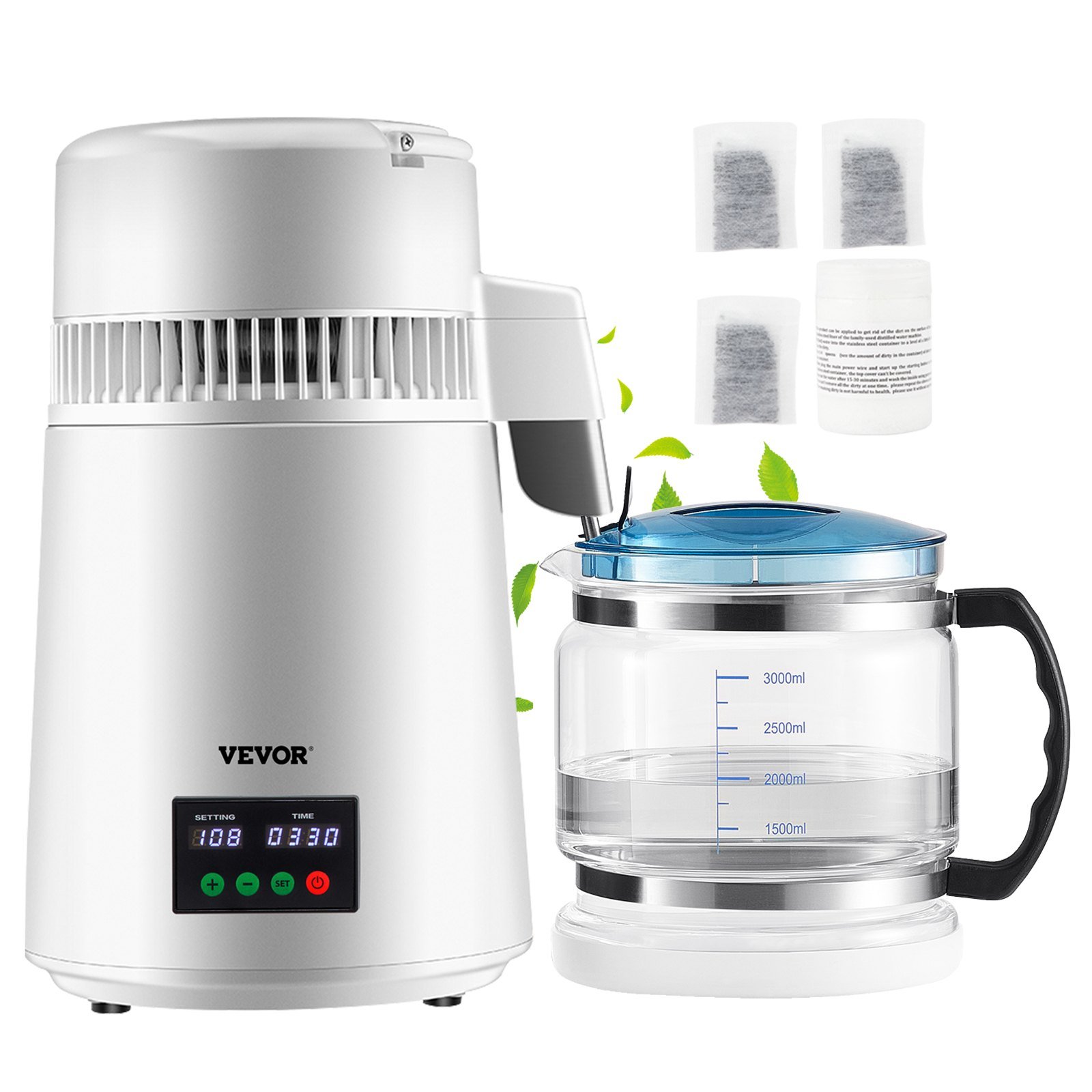 VEVOR baltas vandens distiliatorius 4 l, 750 W su stikliniu indu